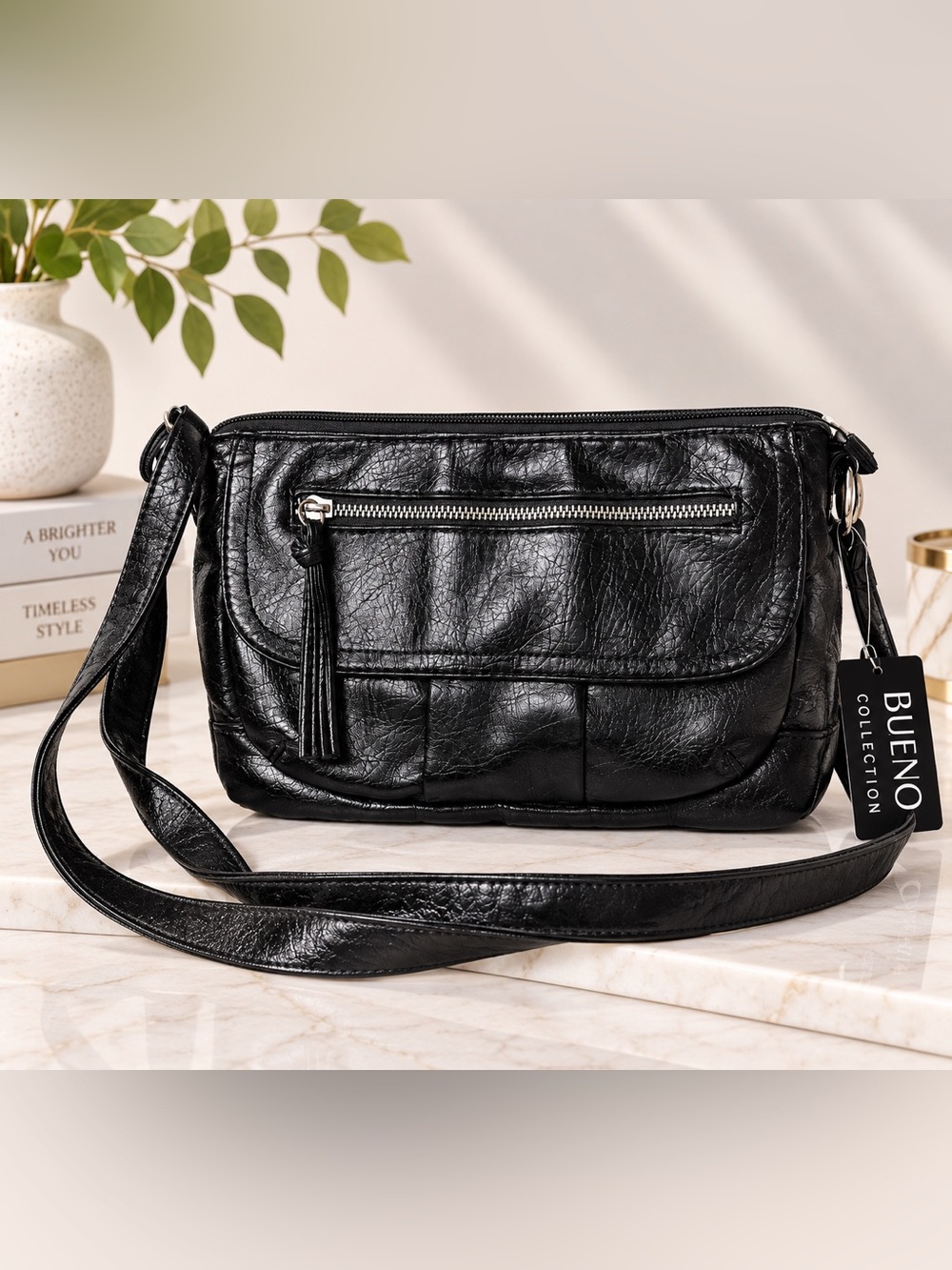 Bueno Black Crossbody Bag with Tassel Zip Pocket
